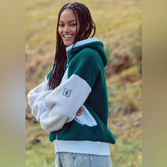 Free People FP Movement NWT Hit The Slopes Fleece Hoodie Evergreen Combo - Picture 6 of 8